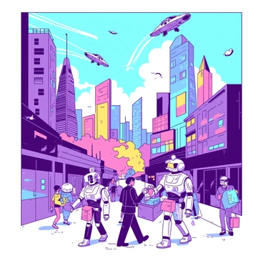 A vibrant skyline filled with tall buildings reflects a mix of colors in the sunlight. Flying cars zoom between the structures, leaving trails of light in their paths. Below, a bustling scene of robots of various shapes and sizes moving along the streets, interacting with each other and humans. Some robots are carrying packages, while others are engaging in conversations. The atmosphere is lively, with pedestrians walking amidst the blend of technology and modern architecture.