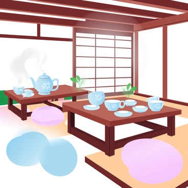 A traditional tea house with wooden beams and tatami mats. Elegant wooden tables are arranged around the room, each set with fine china teacups and teapots. Delicate floral patterns adorn the china, showcasing intricate designs. In one corner, a tea service is being prepared, with steam rising gently from a small kettle. Soft cushions are placed on the floor for guests to sit comfortably. A sliding paper door allows natural light to filter in, illuminating the space with a warm glow.