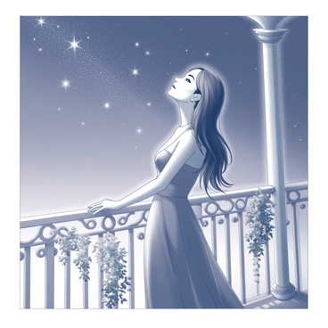 A young woman named Juliet stands elegantly on a balcony. She has long hair cascading over her shoulders and is dressed in a flowing gown. The balcony, adorned with intricate wrought iron railings, overlooks a tranquil scene below. Juliet's posture is relaxed, with her hands resting on the railing as she gazes up at the vast, starry night sky. The twinkling stars illuminate her face softly, highlighting her dreamy expression. A few delicate plants are placed on the balcony, adding a touch of nature to the scene.