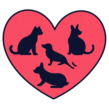 A red heart shape with a smooth outline. Inside the heart, there are silhouettes of various animals, including a cat, a dog, a bird, and a rabbit, all arranged harmoniously within the heart's interior. The silhouettes are solid black, creating a striking contrast against the red heart. Each silhouette is easily recognizable and distinct, showcasing the essence of each animal clearly.