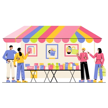 An art booth at a festival is set up with a vibrant canopy adorned with multicolored fabric. The booth displays a variety of colorful illustrations, each framed and hanging from the edges of the booth. Handmade crafts, including ceramic mugs and woven baskets, are arranged neatly on tables, showcasing intricate designs. There are bright signs with labels identifying the different artworks. Festival-goers can be seen admiring the colorful creations, with some pointing and chatting enthusiastically about their favorites.
