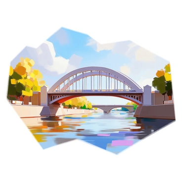 A grand bridge spanning a wide river, showcasing intricate art deco details along its structure. The bridge features elegantly designed arches and geometric patterns that reflect the style. The river flows beneath, glistening under the sunlight, and there are lush green trees lining the riverbanks, enhancing the scene's beauty. In the background, a clear blue sky complements the architectural grandeur of the bridge.