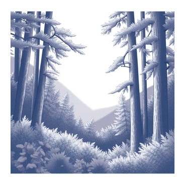 A dense forest filled with tall trees, their trunks thick and sturdy. The foliage is lush and abundant, with leaves densely covering the branches in a variety of shapes and sizes. The underbrush is rich with ferns and small plants, creating a vibrant ground layer. In the distance, the forest gradually thins out, revealing a horizon where the tree line meets "a clear blue sky." The sky appears vast and open, with no obstructions, emphasizing the contrast between the dense greenery of the forest and the expanse above.