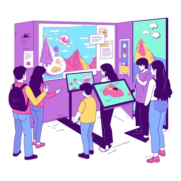 A group of diverse visitors is engaged in an interactive museum exhibit. The scene features individuals of various ages and backgrounds, eagerly examining displays that highlight persuasive elements of the exhibit. One visitor is touching a touchscreen panel displaying vibrant graphics, while another is reading a large, colorful poster that captures attention with engaging visuals. In the background, there are artifacts and digital screens that complement the educational theme, all surrounded by walls painted in contrasting colors that enhance the atmosphere of learning and exploration.