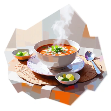 A warm bowl of tamarind soup sits at the center of a traditional wooden table setting. The bowl is filled with a rich, dark brown soup, visibly steaming and inviting. The soup is garnished with fresh green herbs, such as cilantro and sliced green onions, adding a vibrant contrast. Surrounding the bowl are intricately designed plates and utensils, with a woven tablecloth underneath that adds texture to the scene. A small dish of lime wedges is placed nearby, ready to enhance the flavors of the soup. The overall arrangement captures a cozy, inviting dining atmosphere.