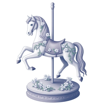 A carousel horse stands gracefully on a circular platform. The horse is adorned with an intricate design, featuring a flowing mane and tail. It is covered in a variety of blooming flowers and vines, which wrap around its body and cascade down its legs. The flowers are detailed, showcasing their petals in various stages of bloom, while the vines twist elegantly around the horse. The base of the carousel is embellished with decorative patterns, and the surrounding area is filled with additional floral arrangements that complement the horse's design.