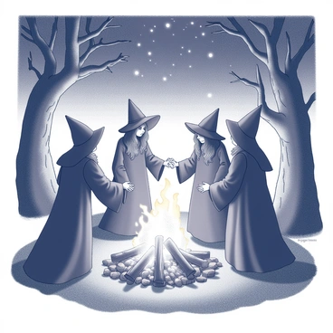 A group of witches is gathered around a large bonfire. They are dressed in flowing robes with hoods, their faces partially obscured in the flickering light. The flames of the bonfire are rising high, casting dynamic shadows on the ground. In the background, a clear night sky is filled with stars, twinkling brightly above the scene. The witches are holding hands, forming a circle, and their movements suggest they are engaged in a rhythmic dance. Surrounding the bonfire, there are ancient trees with twisted branches, enhancing the mystical atmosphere of the gathering.