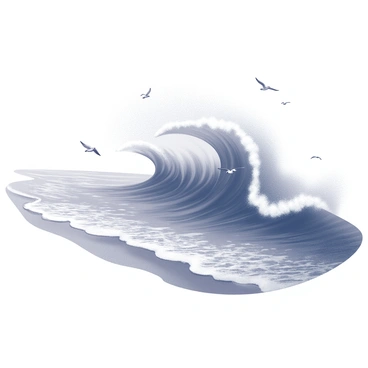 A large wave crashing against the shore. The wave has a dynamic shape, with curves and frothy details at the crest. The ocean surface underneath displays a texture of rolling water. Seagulls can be seen flying above the wave, and the shoreline is visible with a sandy beach that meets the water's edge. The scene captures the motion and energy of the wave.