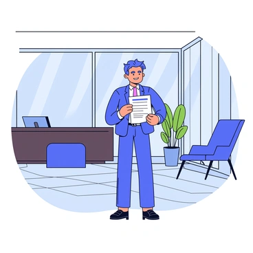 An applicant stands in a modern corporate office with large glass windows and a polished marble floor. The person is wearing formal attire, holding a neatly printed resume in one hand. The office has a minimalist design with sleek furniture, including a dark wooden reception desk and a comfortable waiting area with stylish chairs. A potted plant is positioned near the window, adding a touch of greenery to the space. The lighting is bright and inviting.