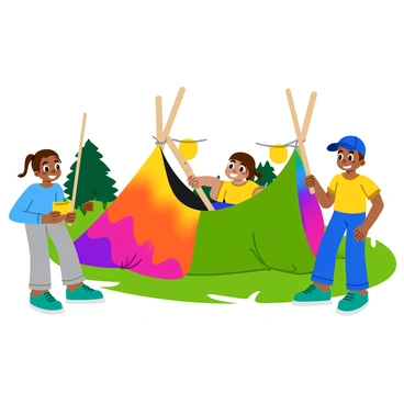 A group of three kids playing in a park. They are using wooden stakes to construct a small fort made of colorful blankets. One child, a girl with pigtails, is holding a stake while smiling. Another child, a boy with a blue cap, is tying a blanket to the fort structure. The third child, a girl wearing a yellow shirt, is sitting inside the fort, peeking out with a delighted expression. The park is filled with green grass and a few trees in the background.