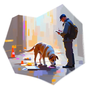 A medium-sized, loyal dog with a sleek coat is intently sniffing the ground at a crime scene. The dog has a focused expression, its ears perked up and tail slightly raised as it investigates. In the background, there are scattered evidence markers and a faint outline of chalk on the pavement, indicating a recent incident. The setting is dimly lit, with a few flashes of police lights illuminating the area, casting shadows. Nearby, a detective in dark clothing observes the dog’s movements, taking notes in a small notepad. The atmosphere is tense as the dog searches for clues among the scattered debris.