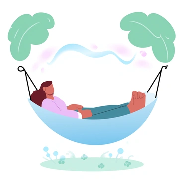 A person is resting in a hammock that is suspended between two trees. The hammock is lightly swaying, surrounded by lush green leaves. Above the hammock, a gradient of pastel colors creates a calming atmosphere. A visual representation of a decreasing heart rate is depicted as a series of smooth, descending lines above the hammock, illustrating tranquility. The ground below the hammock is covered with soft grass and small wildflowers, adding to the peaceful setting.