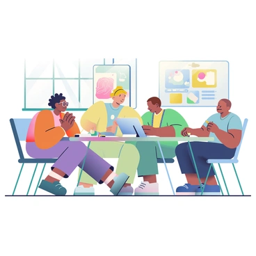 A diverse group of artists is gathered around a rectangular table covered with sketchbooks, pencils, and paint supplies. There are four artists in total: one artist with dark curly hair wearing glasses is animatedly gesturing while speaking, another artist with blonde hair pulled back in a bun is examining a large illustration pinned to the wall. The third artist has short brown hair and is sitting with a digital tablet, looking intently at the screen, while the fourth artist, with medium skin and colorful tattoos, is sketching ideas on a notepad. Sunlight is streaming in through a nearby window, casting soft shadows across the table, enhancing the atmosphere of collaboration and creativity.