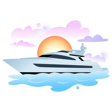 A luxurious yacht is gliding smoothly over the ocean water. The hull of the yacht is sleek and modern, showcasing a pristine white finish. The sunset in the background is vivid, with gradient pastel colors of orange, pink, and purple blending seamlessly into each other. The sky is filled with fluffy clouds that catch the warm hues of the setting sun. Gentle waves create a dynamic surface beneath the yacht, reflecting the colors of the sky. In the distance, silhouettes of distant islands can be seen against the glow of the sunset, adding depth to the scene.