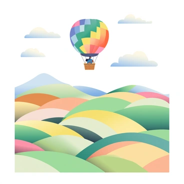 A vibrant hot air balloon floating above a patchwork of fields