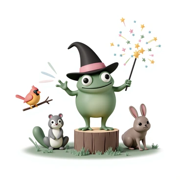 A whimsical green frog, wearing a tall black magician's hat adorned with a red band, stands on a small wooden stump. The frog has wide, expressive eyes and a big smile, showcasing its excitement. Surrounding the frog are various forest animals, including a curious squirrel with fluffy gray fur, a bright red cardinal perched on a branch, and a small brown rabbit sitting with its ears perked up. The frog is waving a wand in its webbed hand, with colorful sparkles and small stars emanating from the tip, creating a magical atmosphere in the lush green forest.