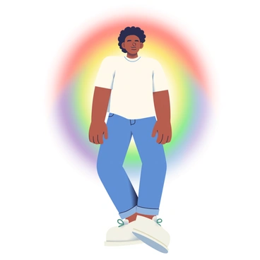 A person with light brown skin is standing confidently with their arms relaxed at their sides. Surrounding them is a vibrant rainbow aura that glows brightly, radiating an array of colors including red, orange, yellow, green, blue, and purple. Their hair is styled in an afro, and they are wearing a simple white t-shirt and blue jeans. The background has soft gradients blending harmoniously, enhancing the luminous effect of the aura. The person is looking straight ahead with a serene expression on their face.