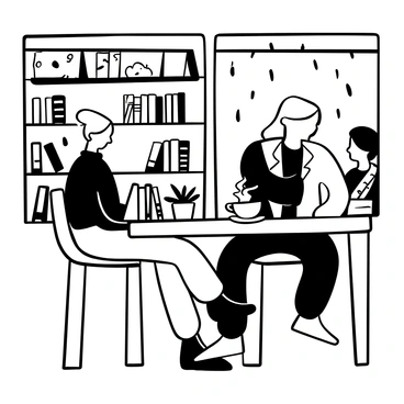 A commercial illustrator sitting at a wooden table in a cozy café. The illustrator has a notepad open in front of them, filled with sketches of various concepts. A cup of coffee sits beside the notepad, with steam rising gently from it. The background features shelves filled with books and a few patrons engaged in conversation. A window displays a view of the street outside, with rain droplets trickling down the glass. A small potted plant is on the table next to the coffee cup.