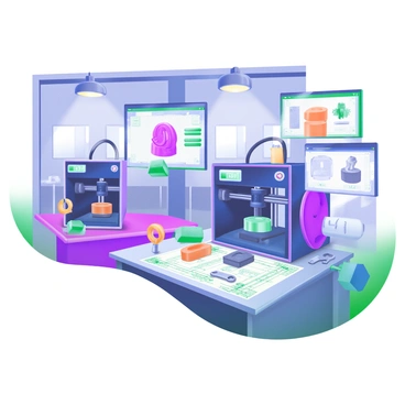 A modern pastel illustration depicting a dedicated 3D printing lab within a smart factory. The lab features several 3D printers actively printing prototype parts, with a variety of components displayed on a workbench. There are blueprints and technical drawings scattered around, along with tools like calipers and wrenches. Bright overhead lights illuminate the space, and large windows reveal a view of the factory floor bustling with activity. Surrounding the 3D printers are digital screens showing design software and printed parts ready for inspection.