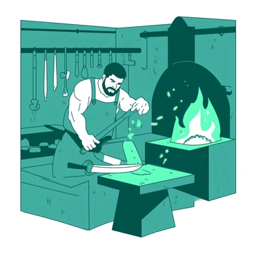 A teal blacksmith forge is filled with activity, with sparks flying from the anvil as a strong figure is hammering a glowing piece of metal. The figure is "Eragon," wearing a leather apron and focused intensely on his work. In front of him, a gleaming sword takes shape, its blade reflecting the light of the forge. Surrounding the forge are tools hanging on the walls, including hammers, tongs, and various metalworking instruments. The scene conveys a sense of industrious energy as the forge fire blazes in the background, casting a warm glow over the workspace.
