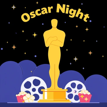 A vibrant event poster for "Oscar Night" featuring a large golden statuette at the center. The background is filled with a gradient of deep blue and black, dotted with twinkling stars. Surrounding the statuette are sparkling glitter elements that shimmer against the dark backdrop. At the top of the poster, the text "Oscar Night" is displayed in large, bold golden letters. Below the statuette, there are decorative elements such as film reels and popcorn, adding to the celebratory theme of the night.