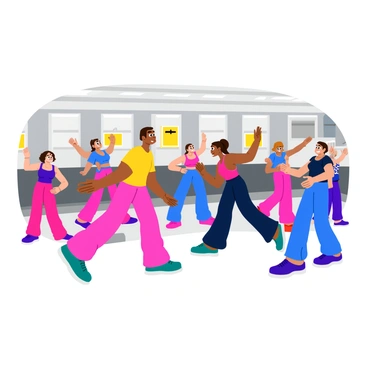 A vibrant aerobics class featuring a diverse group of participants engaging in dynamic dance moves. The instructor leads at the front, demonstrating flowing movements with arms extended gracefully. Each participant shows enthusiasm, performing synchronized steps along with rhythmic gestures. The scene is filled with colorful workout attire, ranging from bright pinks to blues, adding energy to the atmosphere. A large mirror in the background reflects the lively activity, while motivational posters adorn the walls. The room is illuminated with bright lighting to emphasize the action and energy of the class.