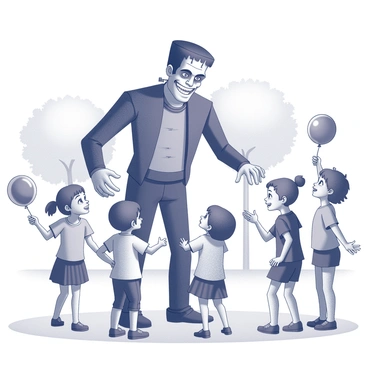 A large, imposing figure of Frankenstein's monster stands in a park, displaying a wide smile that contrasts with his stitched features. He is engaged in conversation with a group of curious children surrounding him. The children, displaying a range of expressions from amazement to delight, are looking up at the monster with wide eyes. Some children hold balloons, while others have their hands on their hips, showing their curiosity. The background features trees and a clear sky, creating a lively atmosphere for this unusual meeting.