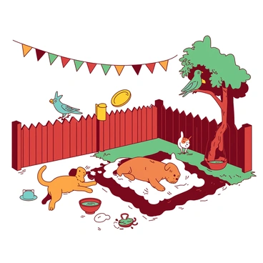 A red fenced area is set up at the festival, filled with various pets happily enjoying their surroundings. In one corner, a playful orange puppy is chasing after a yellow frisbee, while a white rabbit hops nearby, nibbling on some fresh grass. A small teal parakeet is perched on a branch of a nearby tree, chirping cheerfully. In the center, a relaxed brown cat lies on a colorful blanket, watching the activities around it. Various toys and bowls of water are scattered throughout the area, inviting more pets to join the fun. Above, colorful bunting flutters in the breeze, adding to the festive atmosphere.