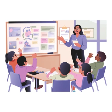 A teacher standing in front of a classroom, actively explaining the electoral process to a group of attentive students. The teacher, a woman with medium skin and shoulder-length curly hair, is wearing a blue blouse and black trousers. She is gesturing towards a large flip chart that displays colorful diagrams and bullet points about the electoral process, with key phrases like "Voting," "Candidates," and "Ballots" written in bold, clear letters. The classroom is decorated with educational posters and maps on the walls. The students, a diverse group of children with different hair colors and styles, are sitting at their desks, some raising their hands to ask questions, while others are taking notes. A large window lets in natural light, highlighting the engaged atmosphere of the learning environment.