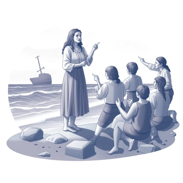 A woman, identified as "Dona Marina," is standing on a rocky shoreline. She has long hair and is dressed in traditional clothing of the era. Surrounding her are a group of shipwreck survivors, wet and disheveled, showing signs of distress. Dona Marina is gesturing with her hands, actively coordinating the rescue efforts. The survivors are listening intently, some pointing towards the sea, while others look toward the land for assistance. The background features rough waves crashing against the rocks, with a few scattered pieces of a shipwreck visible on the shore. The sky above is overcast, adding to the intensity of the scene.