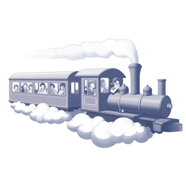 A train with billowing clouds beneath it, gliding effortlessly through the air. The train has ornate carriages with rounded edges and large windows. Inside, several passengers can be seen smiling and observing the view. Their faces reflect joy as they lean out of the windows. The clouds surrounding the train create a soft, fluffy appearance, while the overall scene conveys a sense of movement and adventure.