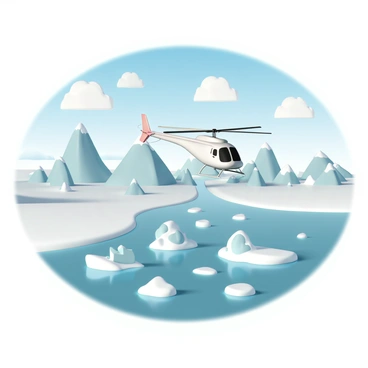 A helicopter, with a sleek silver body and bright red rotor blades, is flying above a vast, icy landscape. Below, a massive glacier stretches out, its surface glistening in shades of blue and white. Icebergs of various shapes and sizes float in the crystal-clear water surrounding the glacier. Some icebergs are towering and jagged, while others are smaller and rounder, reflecting sunlight. The sky is bright blue with a few fluffy white clouds scattered throughout, adding to the dramatic scenery. The helicopter’s shadow glides over the glacier, creating a striking contrast against the bright ice.