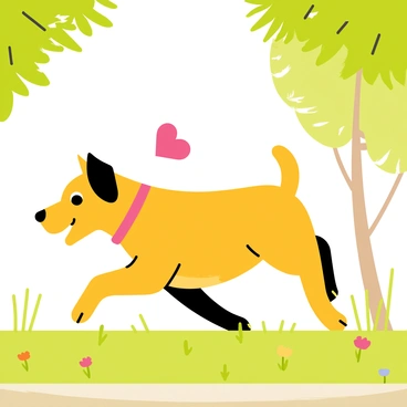A playful dog with a shiny, golden coat is chasing a "heart-shaped frisbee" that is flying through the air. The park is filled with green grass and scattered colorful flowers. A few trees can be seen in the background, providing shade. The dog's ears are flapping in the breeze as it runs, with an excited expression on its face, showcasing its energy and enthusiasm. Sunlight filters through the leaves, creating a warm atmosphere in the scene.