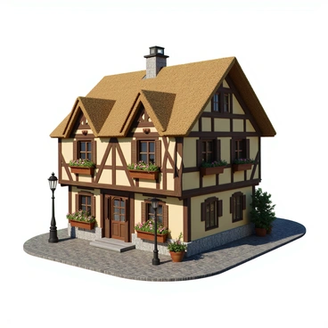 A cozy village inn facade featuring a timber-framed design with a thatched roof. The inn has large wooden windows with flower boxes filled with colorful blooming plants. Surrounding the inn are narrow cobblestone streets, lined with traditional lampposts, casting a warm glow. The scene includes a few potted plants near the entrance, adding to the inviting atmosphere. The sky above is clear, suggesting a pleasant day in the village.