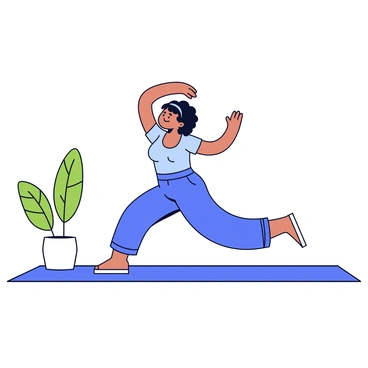 A yoga practitioner is performing reverse lunges on a polished wooden floor. The individual is wearing comfortable yoga attire in a calming shade of blue. Their body is positioned to demonstrate strength and balance, with one leg extended backward and the opposite knee bent forward at a right angle. The practitioner has a focused expression, arms raised to the sides for stability. A small indoor plant is positioned nearby, adding a touch of greenery to the scene.
