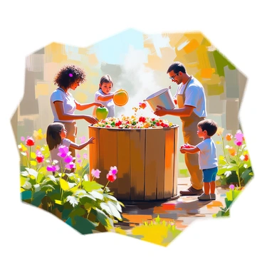 Residents of diverse backgrounds are actively participating in a community garden, adding organic waste to a large compost bin. The compost bin is made of wooden slats and is surrounded by lush greenery. One resident, a woman with curly hair, is holding a bucket of vegetable scraps, while a man with glasses is tossing in some coffee grounds. Nearby, a child is excitedly placing apple cores and banana peels into the bin. Flowering plants and herbs are visible in the garden, creating a vibrant atmosphere. The sun is shining, casting a warm light over the scene, emphasizing the sense of community and sustainability.