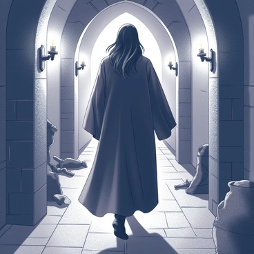 A tall figure dressed in a long, dark robe is walking through a corridor of stone walls, deep within the dungeons of Hogwarts. The figure's hair is long and black, flowing slightly as they move. Flickering torches line the walls, casting shadows and illuminating the surrounding area with a warm glow. The stone floor is uneven, and there are hints of ancient, weathered artifacts partially visible in the shadows. The atmosphere is tense and secretive, suggesting a sense of mystery and purpose in the figure's stride.