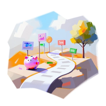 An illustration of a roadmap featuring winding paths leading to various milestones representing future financial goals. The roadmap includes signs indicating different targets such as "Savings," "Investments," and "Retirement." Alongside the path, there are colorful icons symbolizing financial growth, like a rising bar chart and a piggy bank. At the start of the roadmap, there is a prominent depiction of the "Sanchay Plus" logo, emphasizing its role in guiding individuals along their financial journey. Trees and hills can be seen in the background, adding depth to the landscape surrounding the roadmap.