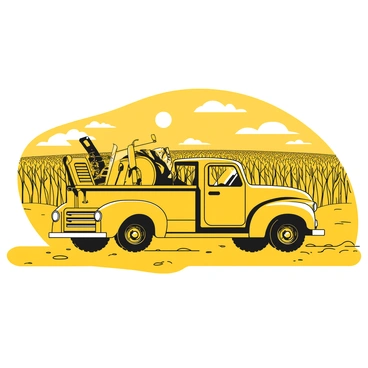 A junk truck with rust on its sides is driving along a dirt road. The truck bed is overflowing with old farm equipment, including a worn-out plow, a broken tractor tire, and rusty tools. In the background, a vast field of crops stretches out, with rows of green plants swaying gently in the breeze. The sky above is filled with a few scattered clouds. The sun is shining down, illuminating the scene.