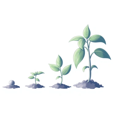 An illustration featuring the growth stages of a basil plant. At the far left, a small seed is depicted resting on brown soil. Next to it, a tiny sprout emerges with two delicate leaves unfurling. Following that, a young plant is shown, with larger green leaves and a thicker stem. The next stage illustrates a semi-mature basil plant with several leaves and a more developed structure. Finally, on the far right, a mature basil plant stands tall, showcasing a full set of robust green leaves and a prominent stem, ready for harvesting. Each stage is clearly labeled for clarity.
