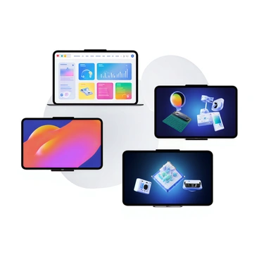 A collection of futuristic user interfaces displayed on various digital screens. Each interface showcases a sleek design with vibrant colors and smooth gradients. One screen features a navigation bar with translucent elements and animated icons. Another interface displays a dynamic dashboard with real-time data visualization, including graphs and charts in vivid colors. A third screen shows an interactive product showcase, highlighting 3D models of tech gadgets with holographic effects. The overall composition reflects a modern and high-tech aesthetic, emphasizing innovation and user experience.