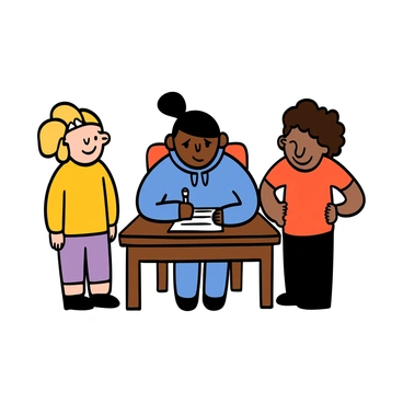 A student with light skin and short black hair sitting at a wooden desk, looking anxiously at a blank test paper in front of them. The student is wearing a blue hoodie and has a worried expression on their face. Nearby, two friends are standing to the left, one with light skin and long blonde hair wearing a yellow shirt, and the other with medium skin and curly hair wearing a red t-shirt. The friends are looking at the student with encouraging smiles, offering support during the test.