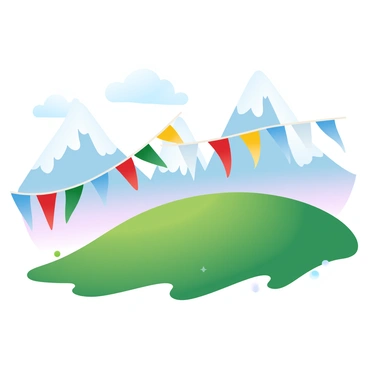 A hillside is covered in colorful prayer flags, each flag displaying vibrant hues of red, blue, green, yellow, and white. The flags are arranged in a flowing pattern, fluttering gently in the mountain breeze. In the background, tall, rugged mountains rise against the sky, partially obscured by fluffy clouds. The grass on the hillside is a rich green, adding to the vivid colors of the prayer flags. The scene is illuminated by soft, warm sunlight, enhancing the colors of the flags and the natural landscape.