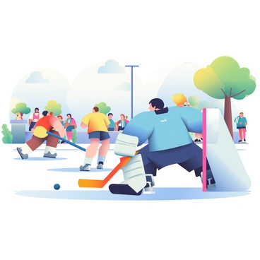 A friendly street hockey game is taking place on a sunlit pavement. In the foreground, a goalie wearing a blue jersey and a black helmet is crouched low, skillfully blocking a shot with a bright orange hockey stick. The goalie’s pads are white with blue accents. To the left, a player in a red shirt is preparing to shoot the puck, while another player in a yellow shirt is waiting for a rebound. Several spectators are gathered in the background, enjoying the game, and a few trees line the side of the street, their leaves vibrant against the blue sky.