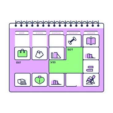 A calendar page is displayed prominently, featuring a grid of days. Each day is divided into distinct sections, showcasing various activities. Some sections are labeled "work," "exercise," "reading," and "leisure." Each activity is represented by different icons: a briefcase for work, a dumbbell for exercise, an open book for reading, and a reclined chair for leisure. The layout includes lines and boxes that separate each activity within the day blocks, creating a structured appearance. The overall design is clear and organized, making the activities visually distinct.