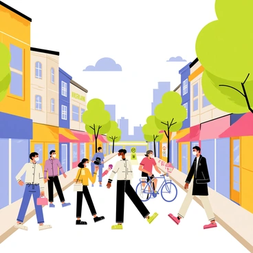 A bustling city street filled with a variety of buildings featuring colorful storefronts and signs. People of different ages and backgrounds are walking along the sidewalk, all wearing protective masks. Some individuals are carrying shopping bags, while others are engaged in conversations. A few cyclists are riding past, and a bus is visible in the background. Trees line the street, and the sky is clear with a few fluffy clouds. The atmosphere is lively, showcasing the everyday hustle in the city.