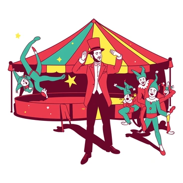 A vibrant scene unfolds under the big top, featuring a red ringmaster in a tall hat, energetically gesturing with his right hand. Surrounding him are various carnival performers in dynamic poses. To the left, a teal acrobat is mid-air, performing a graceful flip with a look of concentration. On the right, a group of colorful jesters wearing mismatched outfits are playfully taunting the ringmaster, their faces lit up with mischief. In the background, the colorful fabric of the tent is stretched overhead, creating a lively atmosphere as bright lights shimmer around the performers.