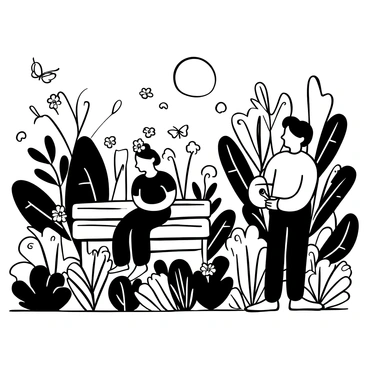 A black-and-white illustration of a garden filled with various plants and flowers. In the foreground, "Frida Kahlo" is depicted sitting on a wooden bench, surrounded by foliage. She is wearing a traditional dress and has flowers in her hair. Next to her, "Diego Rivera" is standing with a paintbrush in his hand, looking at a canvas propped against the bench. The sun is filtering through the leaves, casting shadows on the ground. There are butterflies fluttering around the garden, adding a sense of life to the scene.