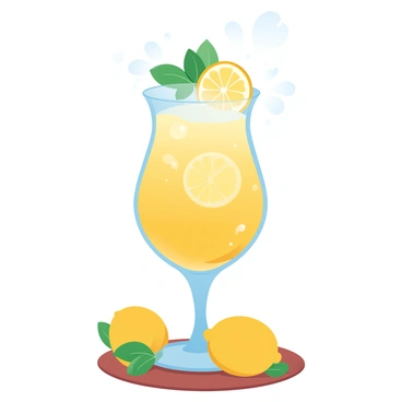 A glass filled with a sparkling citrus cocktail. The drink has vibrant yellow and orange hues with bubbles rising to the surface. It is garnished with fresh lemon slices resting on the rim and sprigs of green mint floating on top. The glass sits on a wooden table, and there are droplets of condensation on its surface, indicating it's chilled. A few whole lemons and mint leaves are scattered around the base of the glass.