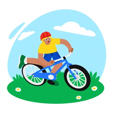 A child falling off their bike while learning to ride on a grassy field